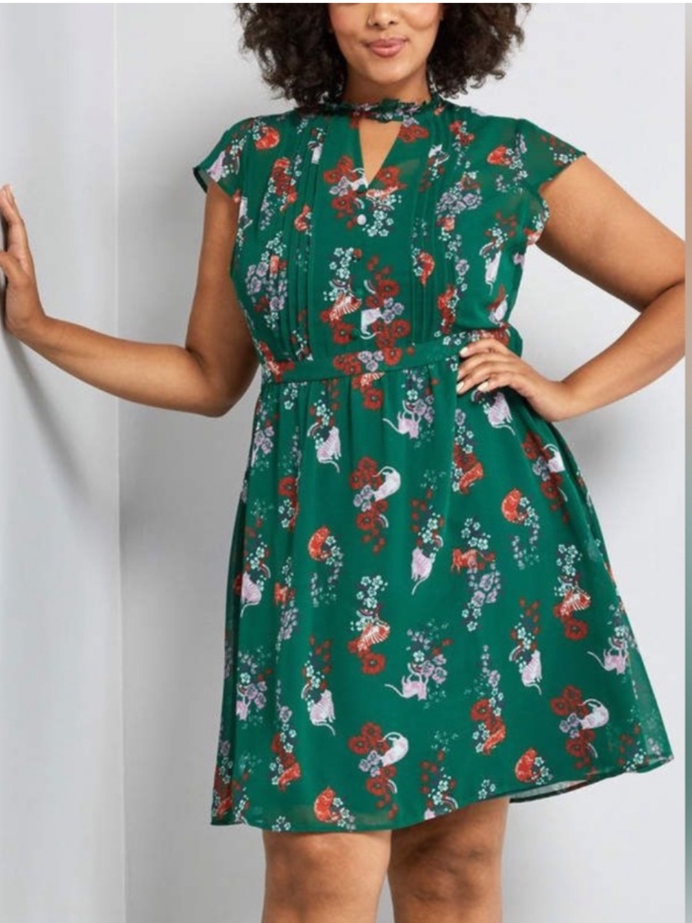 ModCloth Oh Can You Say Museum Cat Short Sleeve Button Front V- Neck Dress XL
